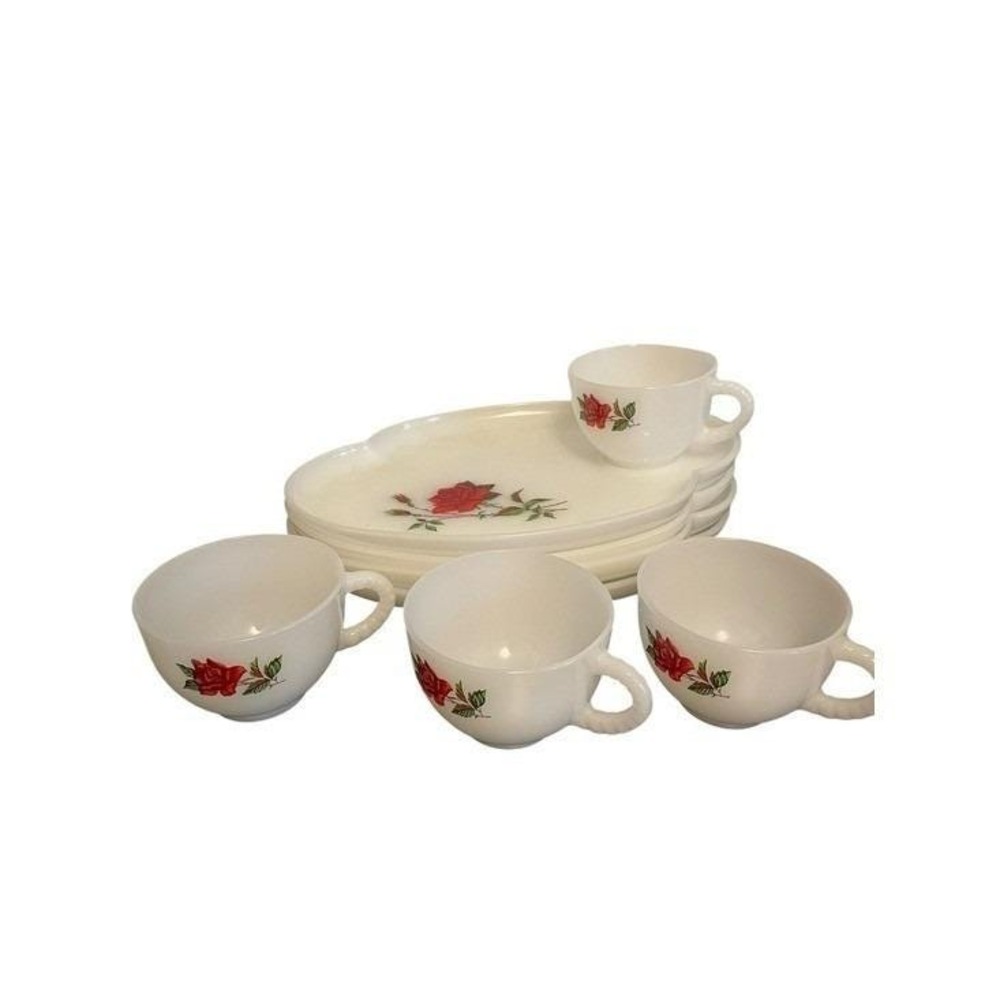Federal Glass Red Rose Milk Glass Snack Set 4 Plates 4 Cups MCM Vintage